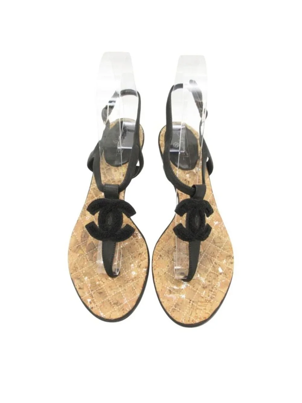 Chanel Sandals Beach Thong CC Logo T Strap Quilted Cork Black